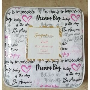 Sugar Studio 6pc FULL Sheet Set Good Vibes Dream Big White Black Pink NEW